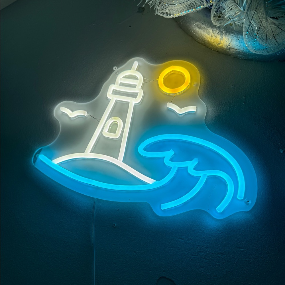 Bright blue led beach sign